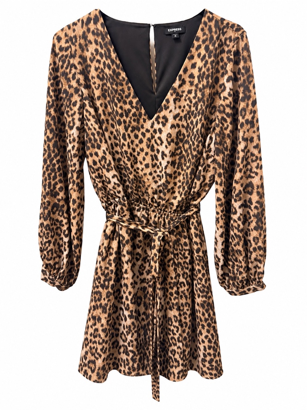 Express Leopard Print Belted Dress | Deep V-Neck Long Sleeve | size medium